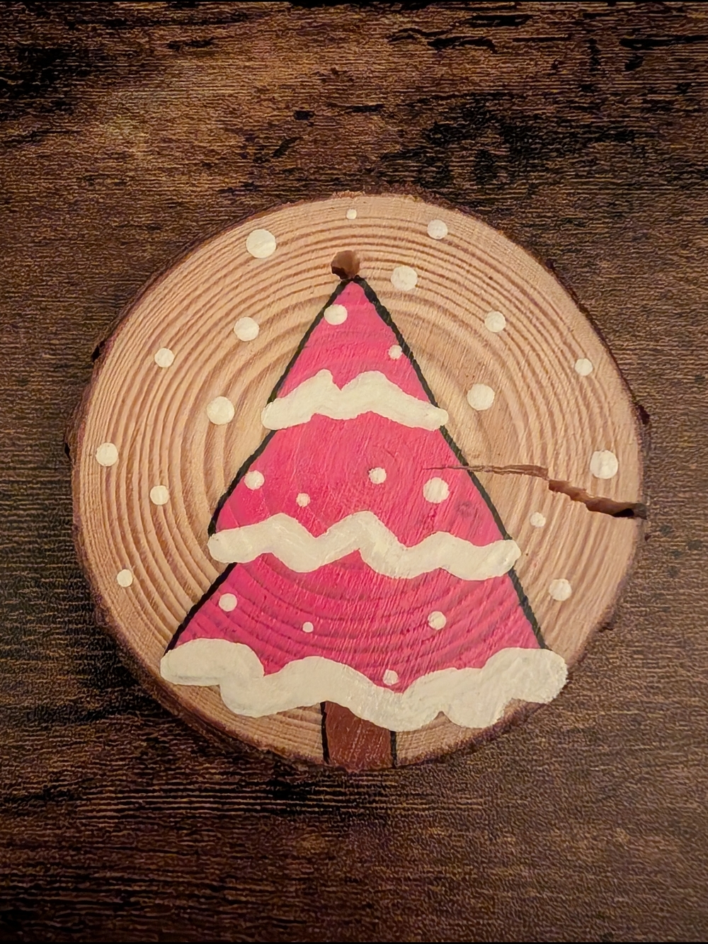 Hand Crafted Christmas Ornament Pink Tree with Snow Wood Slice Hand Painted